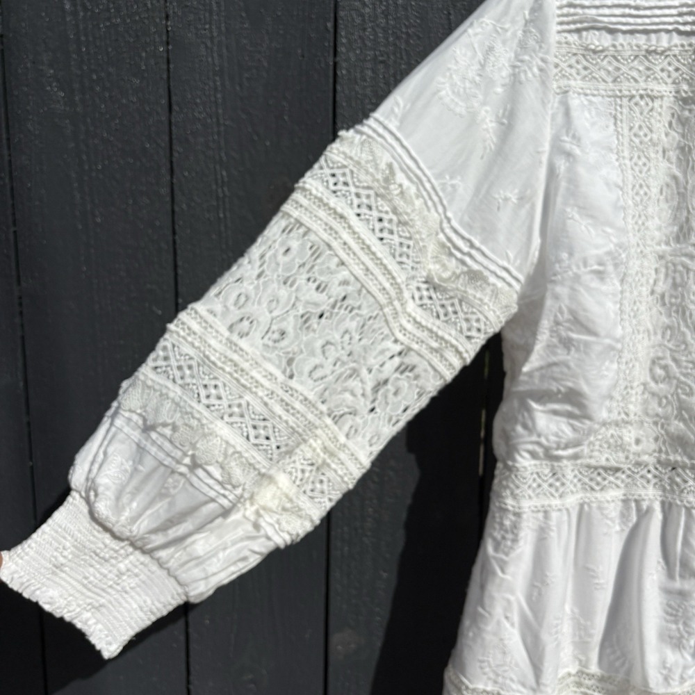 Alice + Olivia Cailin Tunic Tiered Mini Dress L Cottage Boho Lace Embroidered - Picture 5 of 9